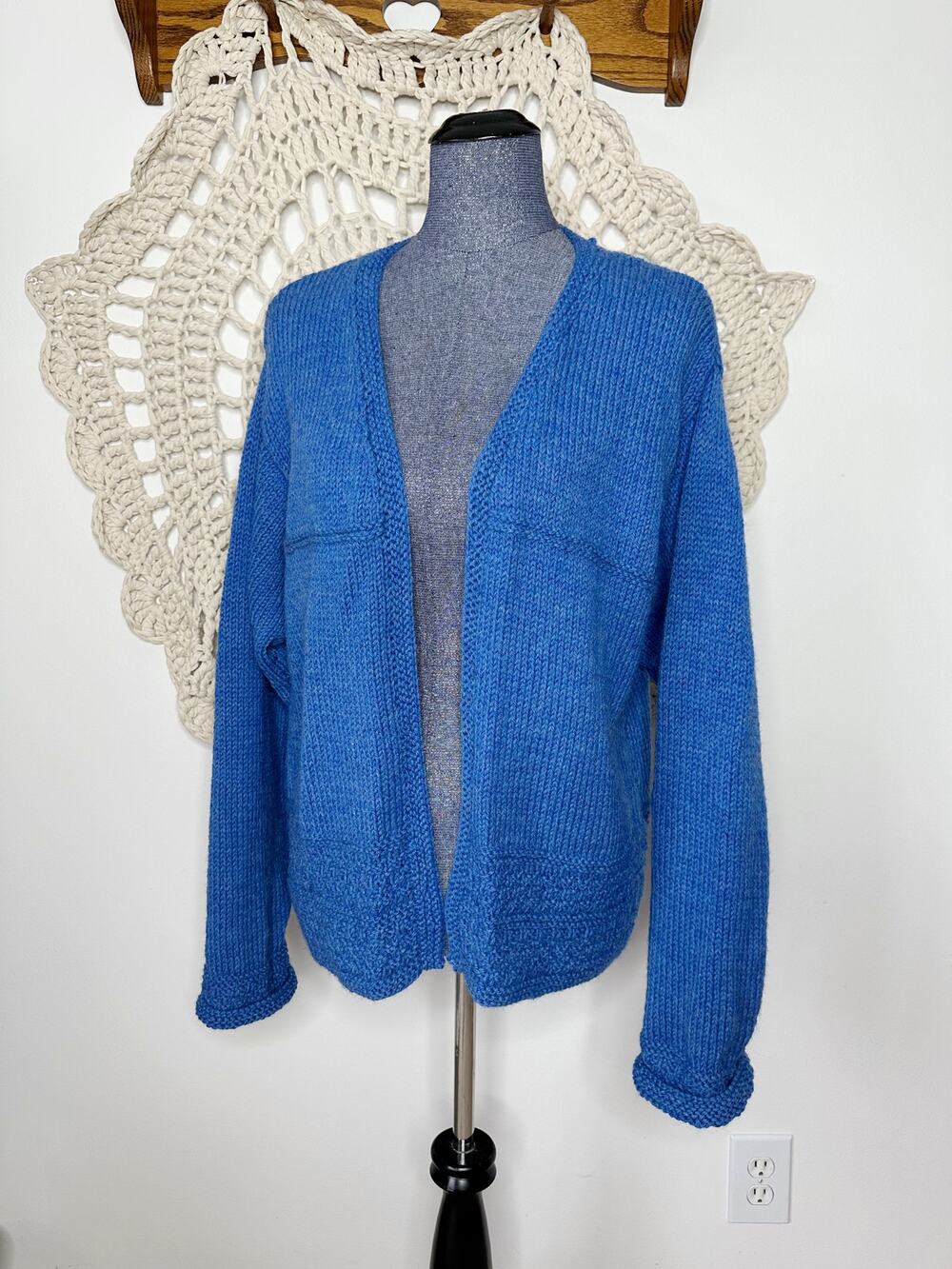 Handmade Hand Knit Cobalt Royal Blue Wool Cardigan Sweater Size Large/XL